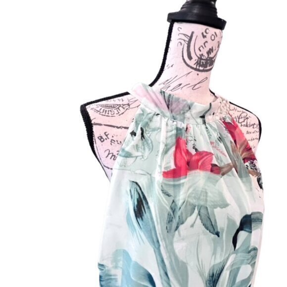 White House Black Market‎ Dress Sz 18 Green Tropical Floral Ruffled Halter Neck - Picture 3 of 16